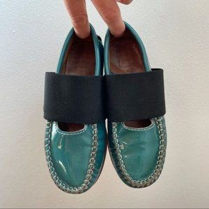 Atlanta Mocassins Kids Teal Patent Leather Slip-On Loafers with Elastic Strap